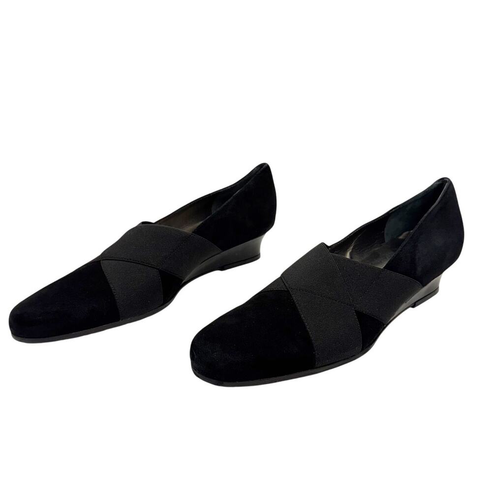 Vintage Prevata Suede Criss Cross Elastic Wedge Low Heel Pumps 9 Made in Italy‎